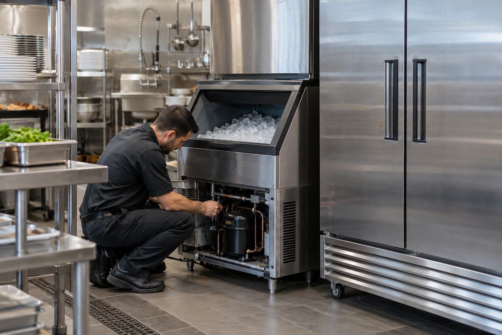 Technician servicing a commercial ice machine in a restaurant kitchen