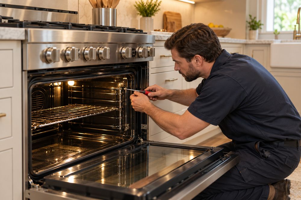 Technician repairing a gas range oven