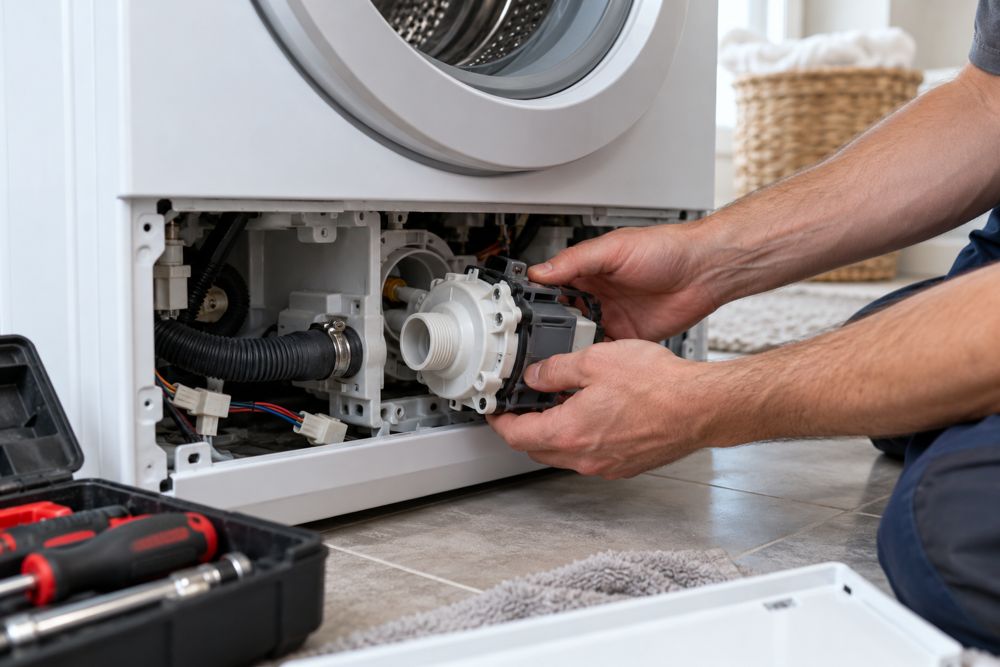 Technician replacing a washer drain pump
