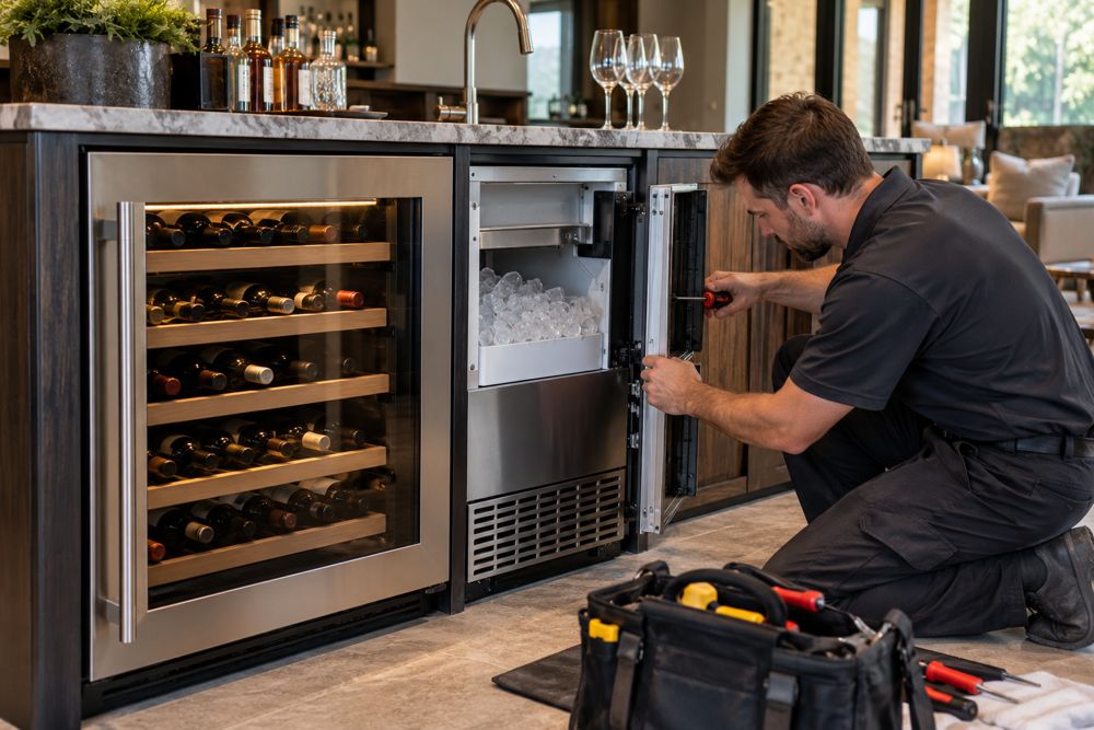 Technician servicing a wine cooler and ice machine